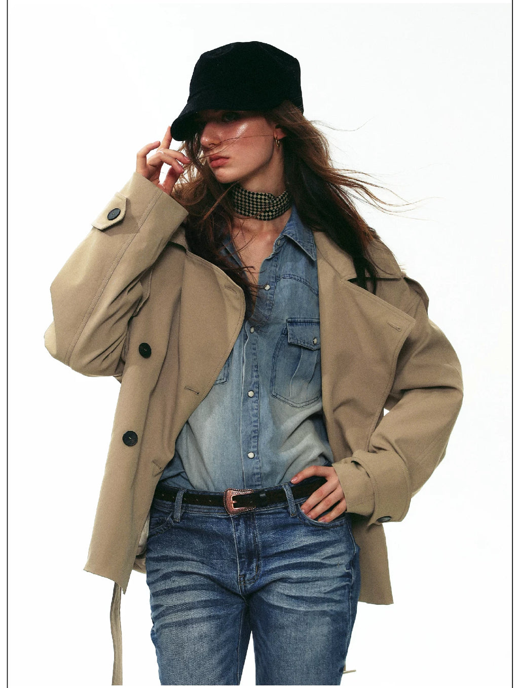 French Vintage Double-Breasted Cropped Trench Jacket