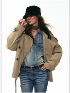 French Vintage Double-Breasted Cropped Trench Jacket
