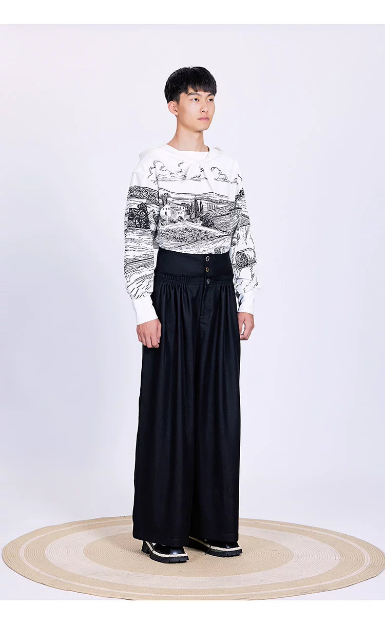 Vintage High-Waist Ruched Loose Wide-Leg Pants