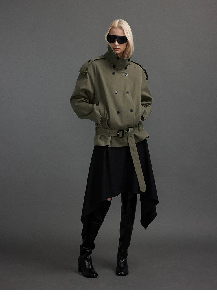 Cropped Trench Jacket with Stand Collar and Curved Shoulders Secondary image