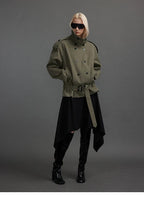 Cropped Trench Jacket with Stand Collar and Curved Shoulders