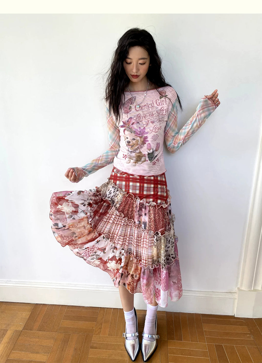 Irregular Patchwork Plaid Tiered Skirt