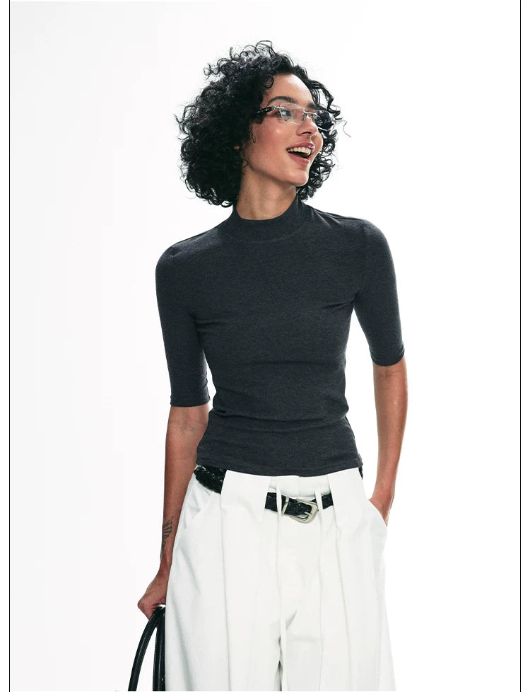 Tencel Knit Slim-Fit Short Sleeve Top with Mock Neck