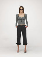 Velvet Tie U-Neck Half-Placket Fitted Knit Top