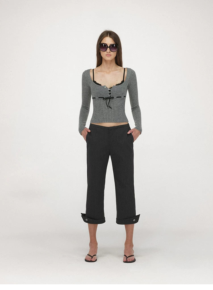 Velvet Tie U-Neck Half-Placket Fitted Knit Top