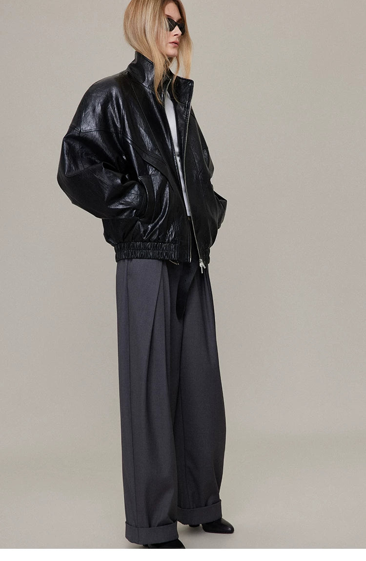 Waxed Black Leather Moto Jacket with Curved Shoulders