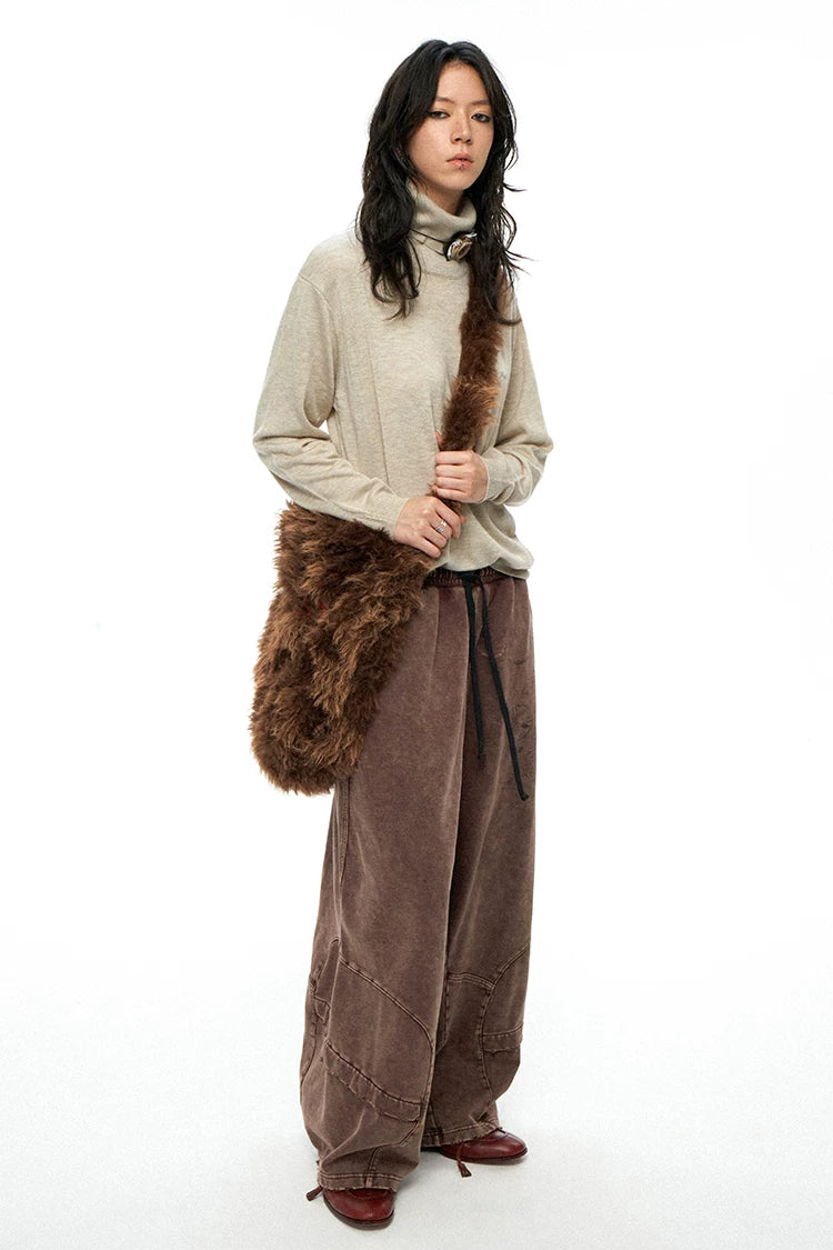 Brown Plush Embroidered & Leather Crossbody Bag – Large Capacity