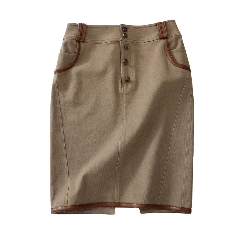 Vintage Contrast Leather Trim Utility Pencil Skirt