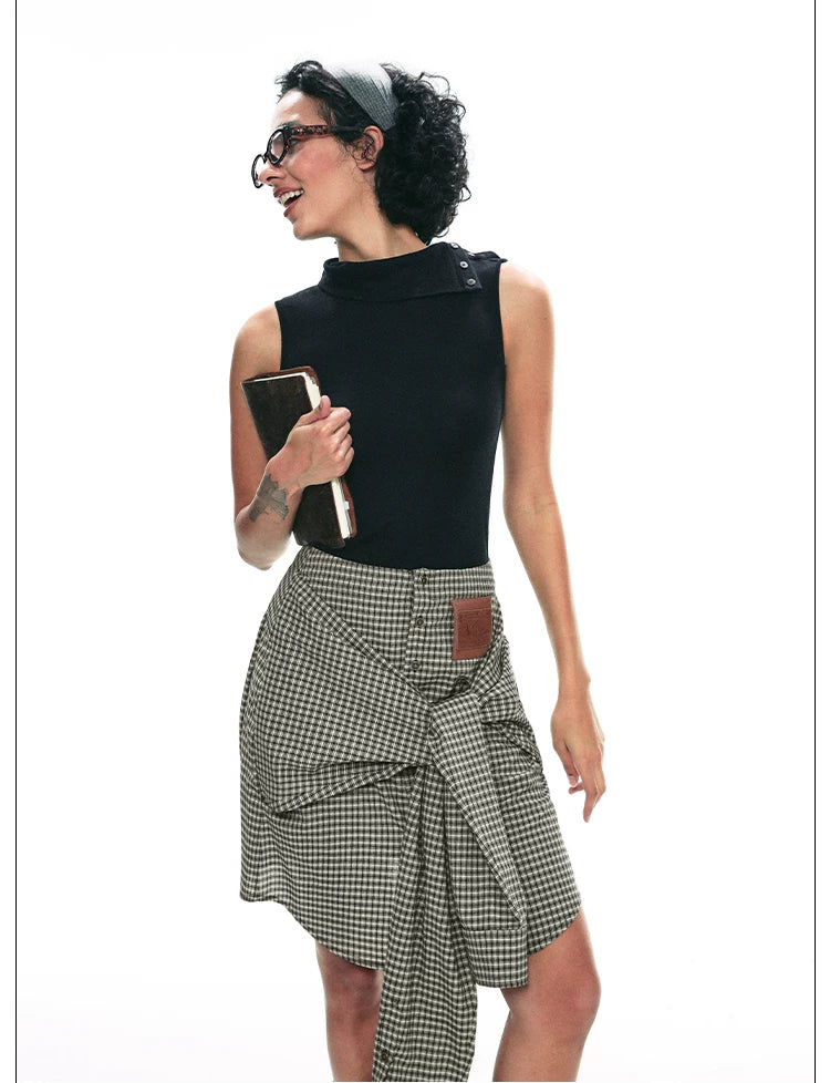 Deconstructed Plaid Shirt Dress with Irregular Two-Way Design