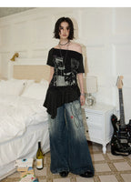 NANA Collaboration Asymmetrical Off-Shoulder Lace Hem Lace-Up Graphic T-Shirt