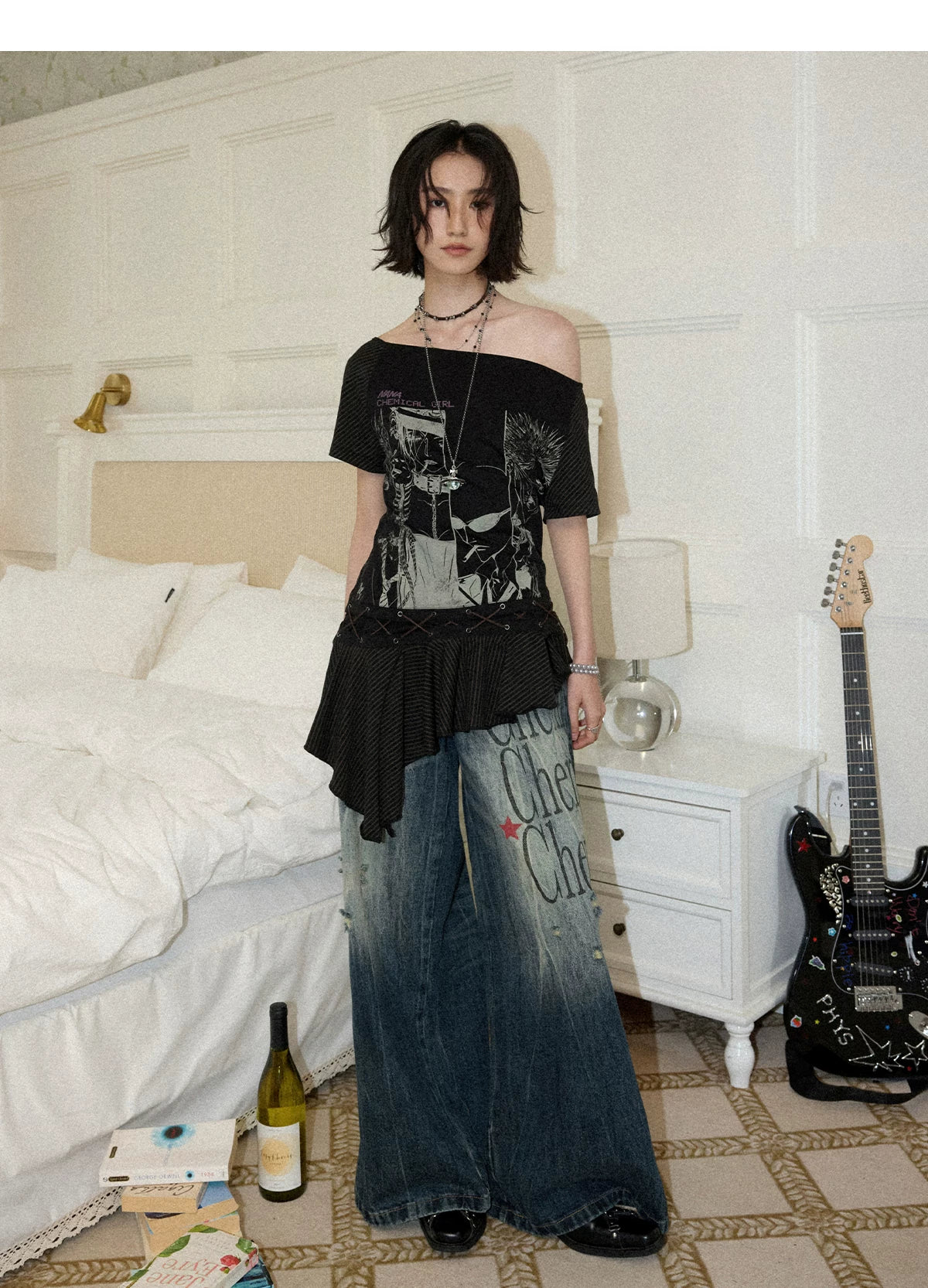 NANA Collaboration Asymmetrical Off-Shoulder Lace Hem Lace-Up Graphic T-Shirt