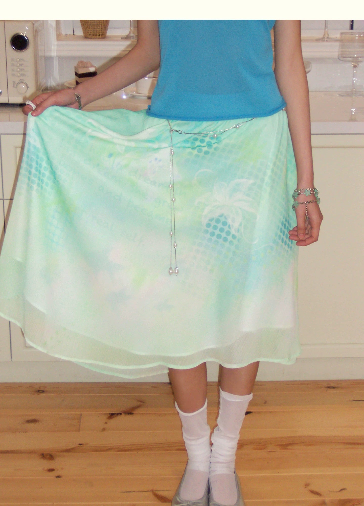 Pearl Waist Chain Gradient Print Skirt