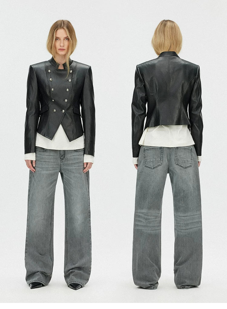 Napoleonic Metal Button Double-Breasted Structured Leather Jacket