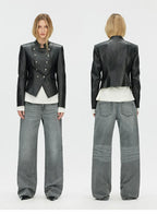 Napoleonic Metal Button Double-Breasted Structured Leather Jacket