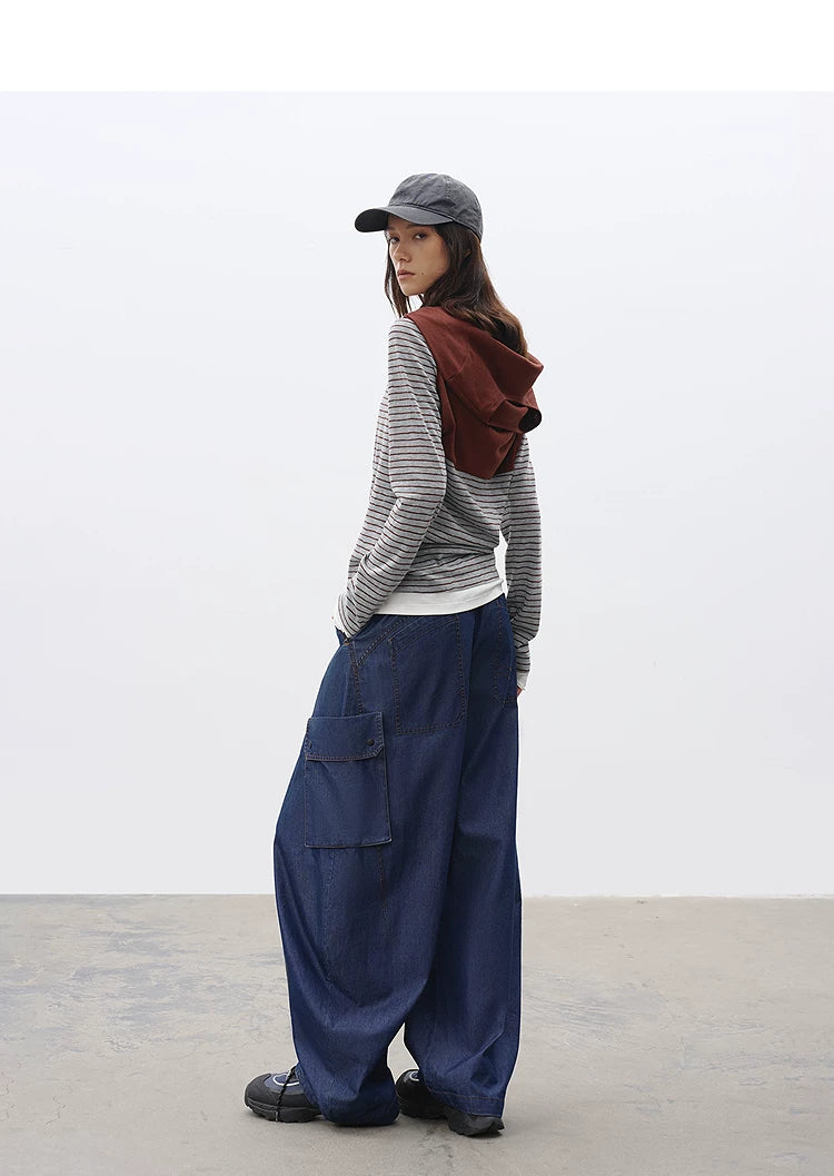 Relaxed Fit Washed Denim Curved Panel Cargo Pants – Casual Streetwear