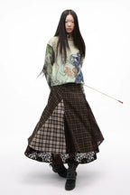 Vintage Plaid Lace Patchwork Layered Midi Skirt