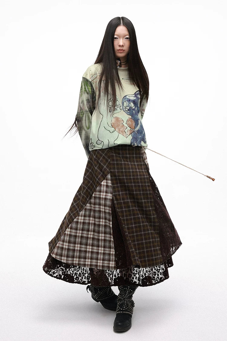 Vintage Plaid Lace Patchwork Layered Midi Skirt