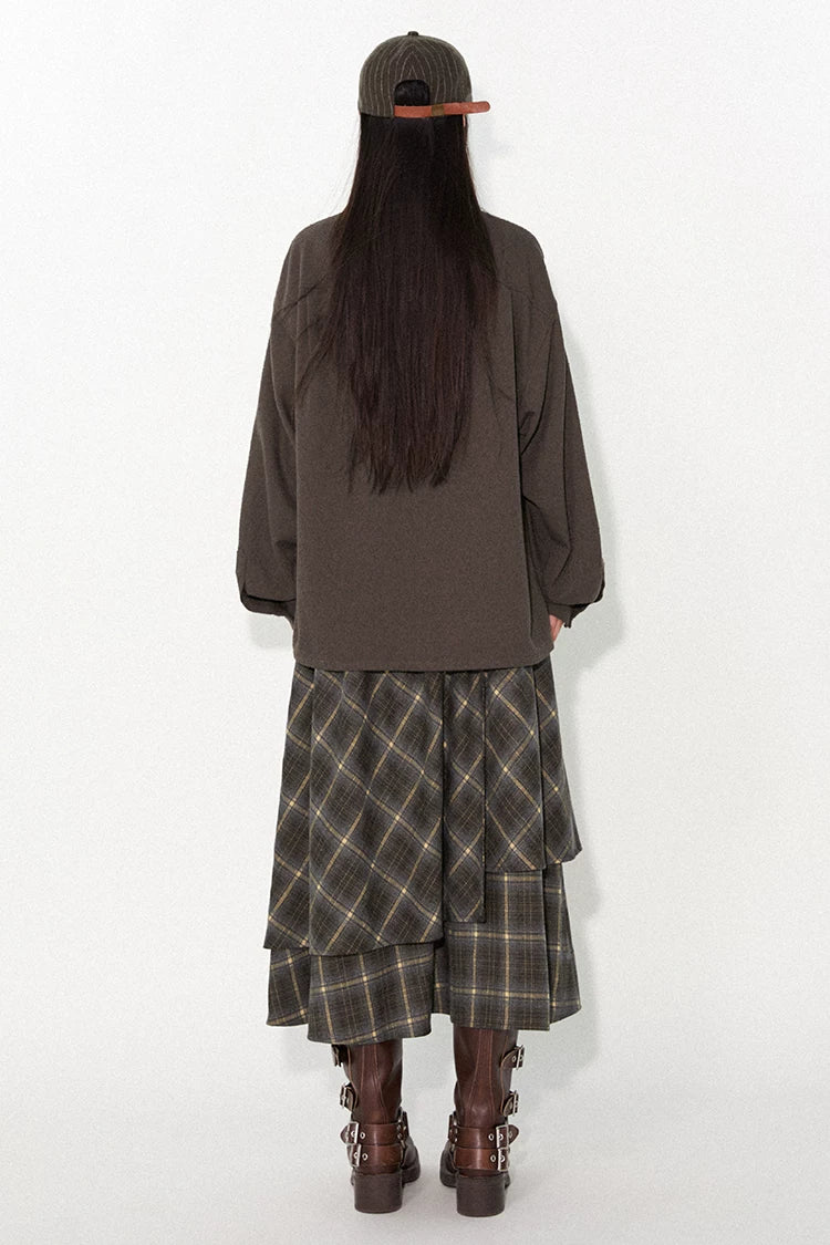 Patchwork Plaid Asymmetrical Drawstring Versatile Playful Maxi Skirt