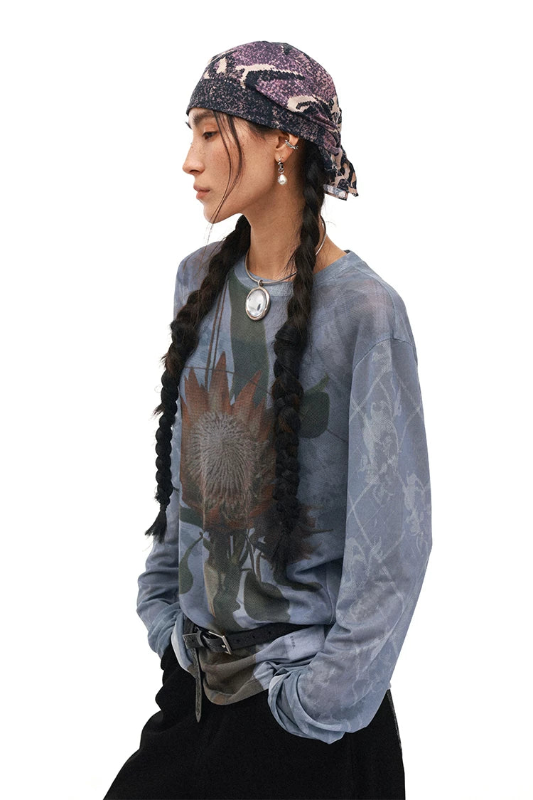 Floral Print Drop Shoulder Mesh Long Sleeve Jacket