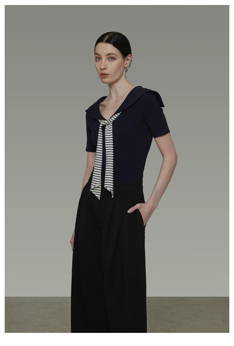 Vintage Sailor Collar Striped Knit Short Sleeve Top with Tie Detail