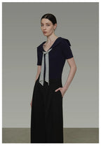 Vintage Sailor Collar Striped Knit Short Sleeve Top with Tie Detail
