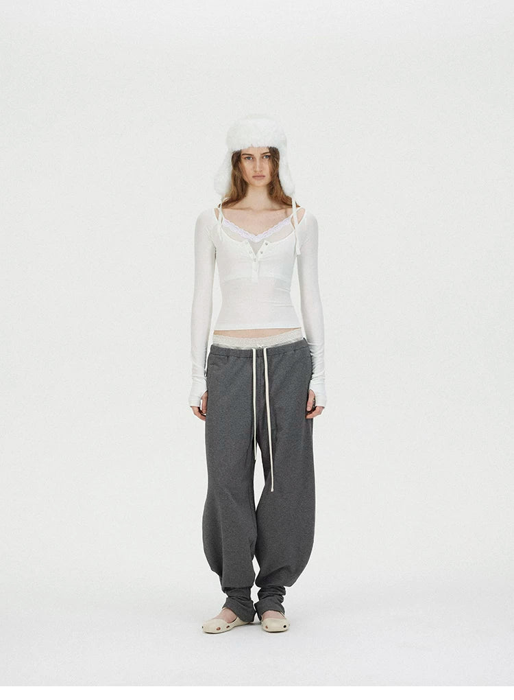 Faux Two-Piece Lace U-Neck Henley Layering Top