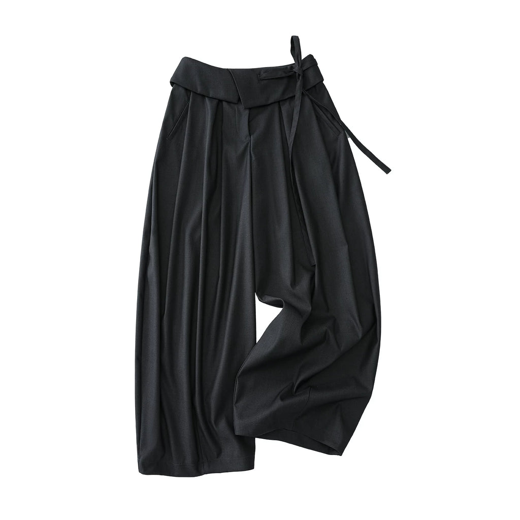French Style Foldover Wide-Waist Tie Loose Wide-Leg Pants