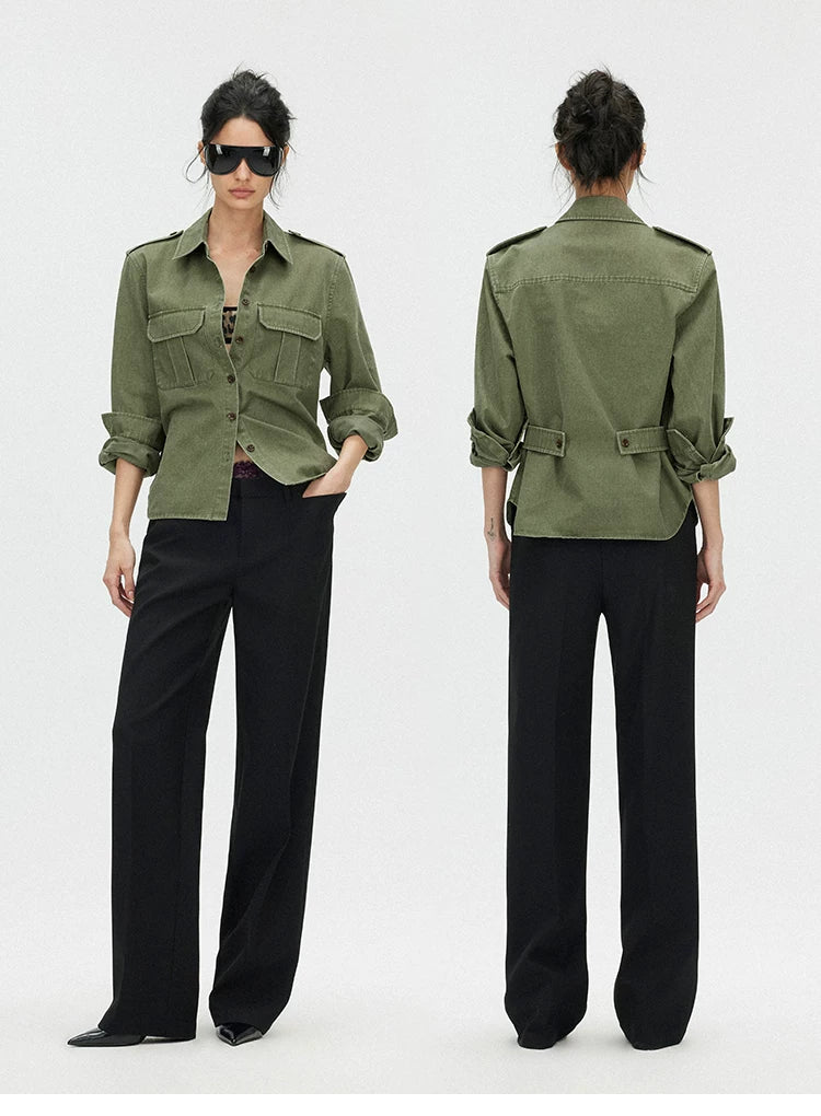 Washed Utility Shirt Jacket with Adjustable Waist