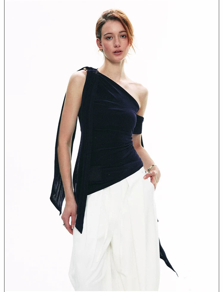 French-Inspired Acetate One-Shoulder Tie Detail Sleeveless Top