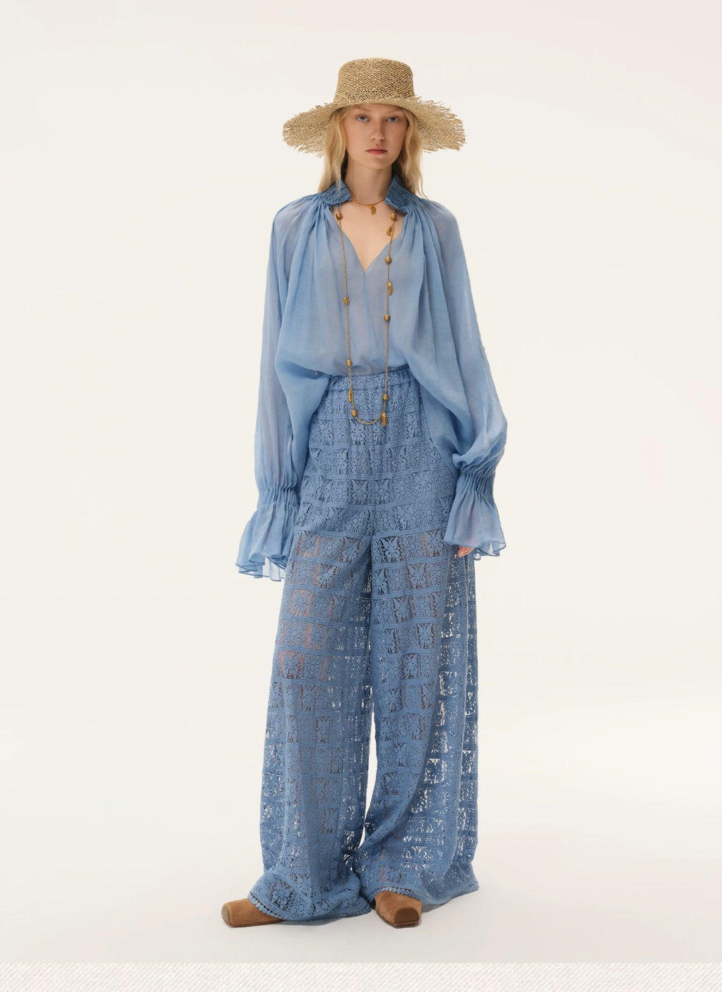 Blue Semi-Sheer Accordion Pleated Mock Neck Top