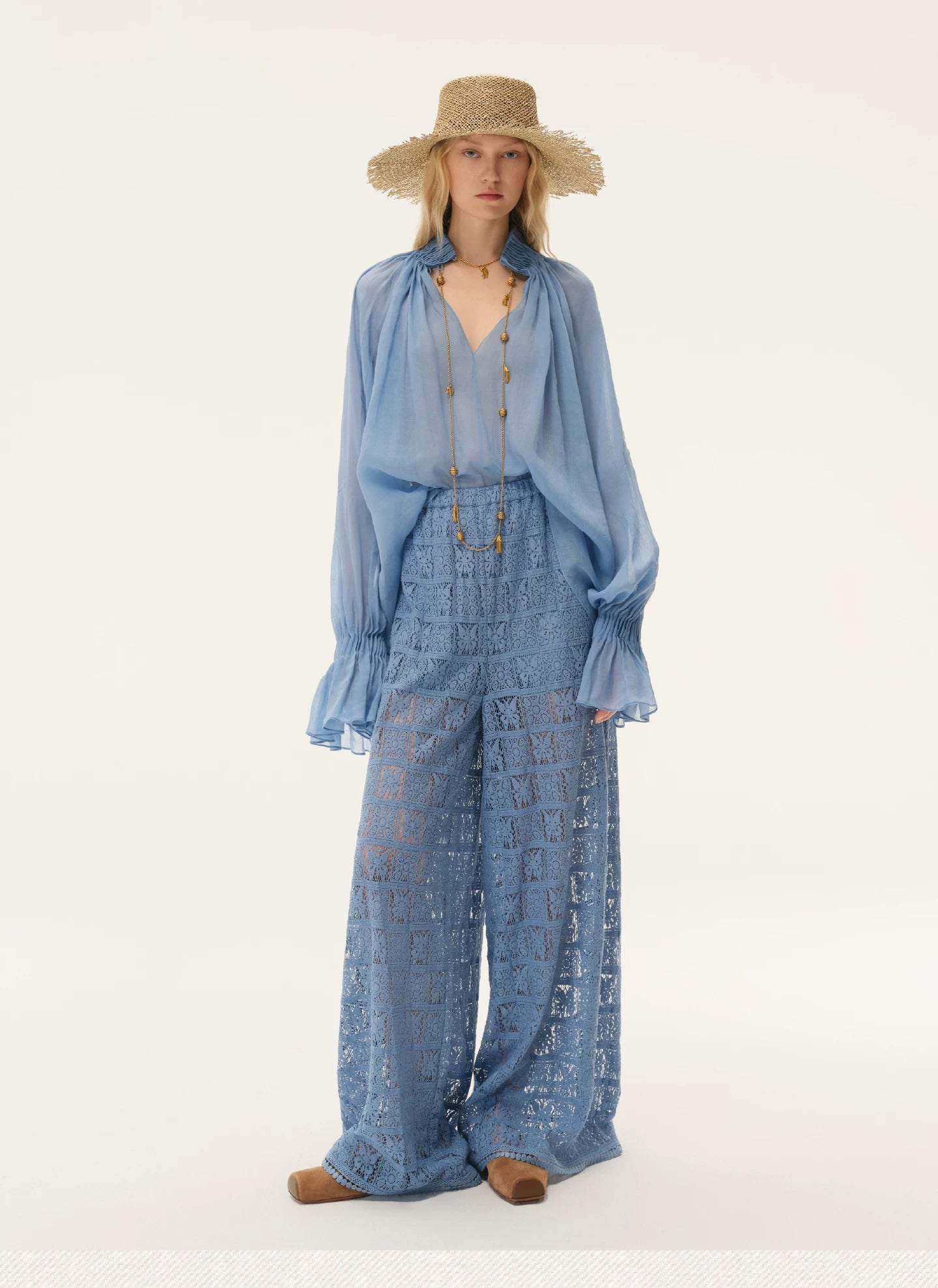 Blue Semi-Sheer Accordion Pleated Mock Neck Top