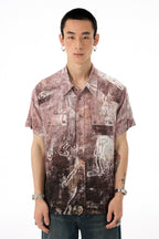 Vintage Workwear-Inspired All-Over Print Draped Short Sleeve Shirt