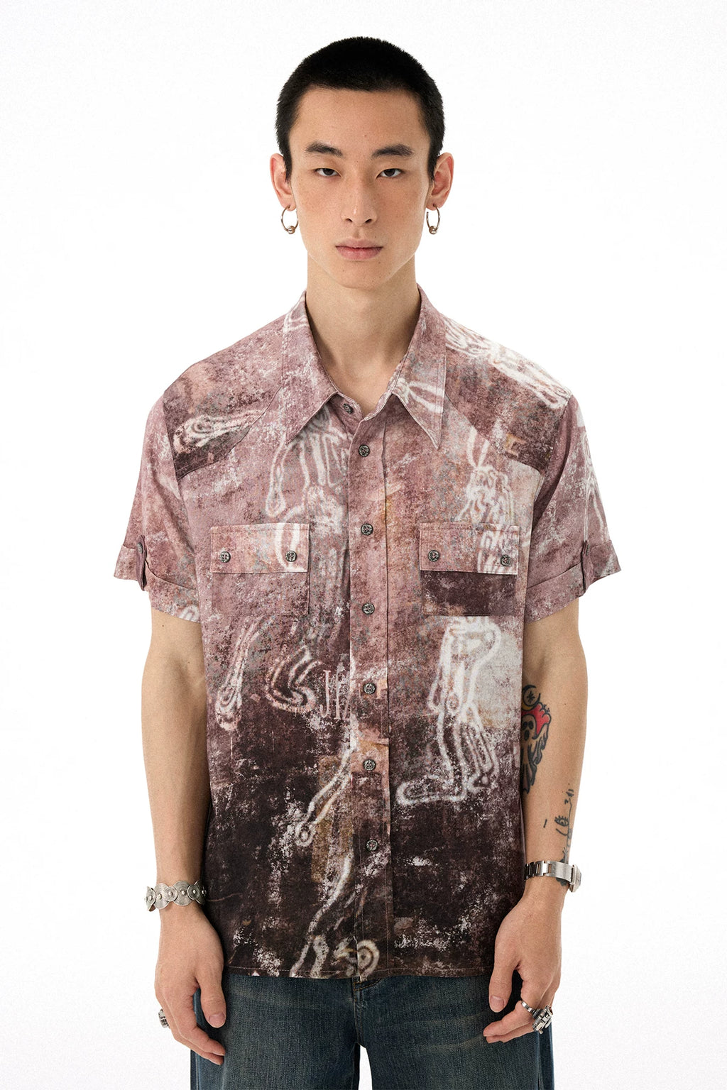 Vintage Workwear-Inspired All-Over Print Draped Short Sleeve Shirt