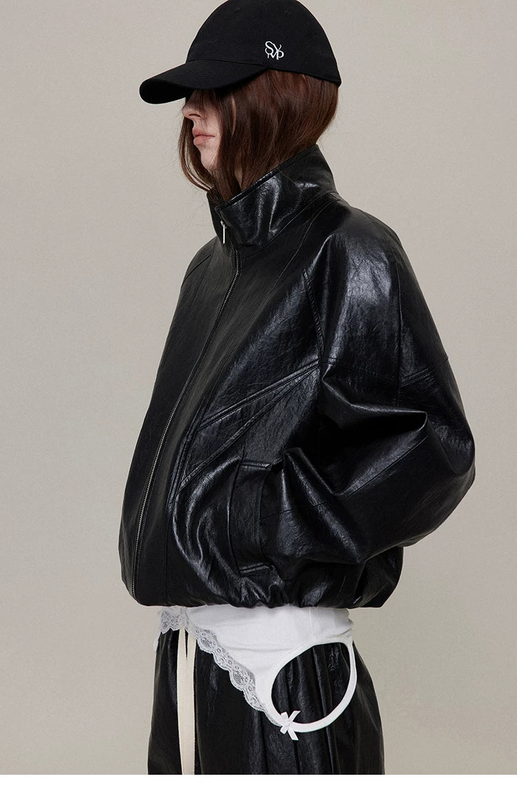 Waxed Black Leather Moto Jacket with Curved Shoulders