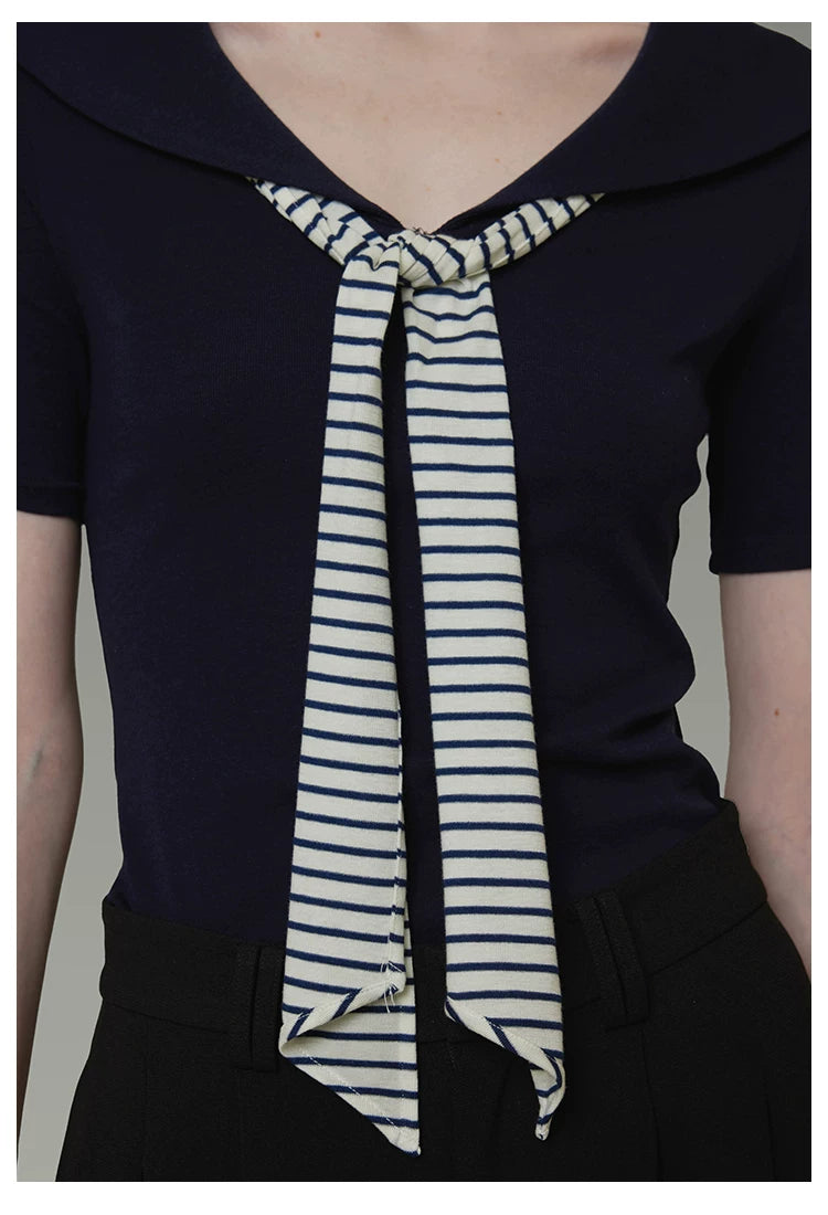 Vintage Sailor Collar Striped Knit Short Sleeve Top with Tie Detail