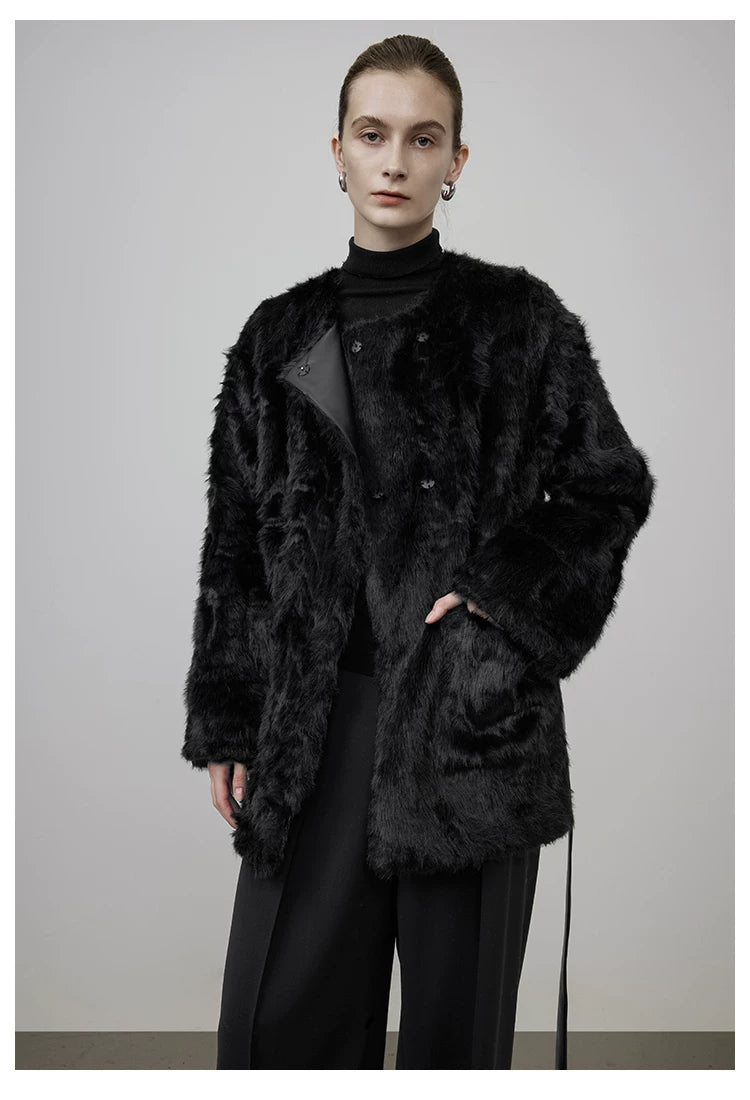 Black Faux Shearling Fur-Lined Coat
