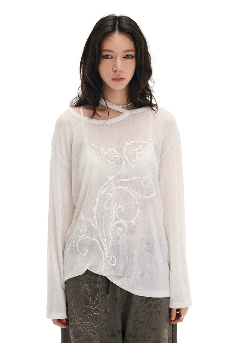 Semi-Sheer Printed Fitted Knit Long Sleeve T-Shirt
