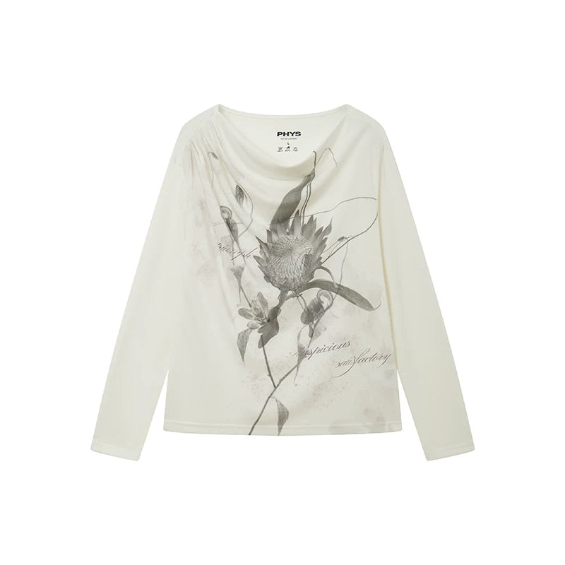 Moon Neck Asymmetric Floral Long Sleeve T-Shirt