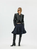 Napoleonic Metal Button Double-Breasted Structured Leather Jacket