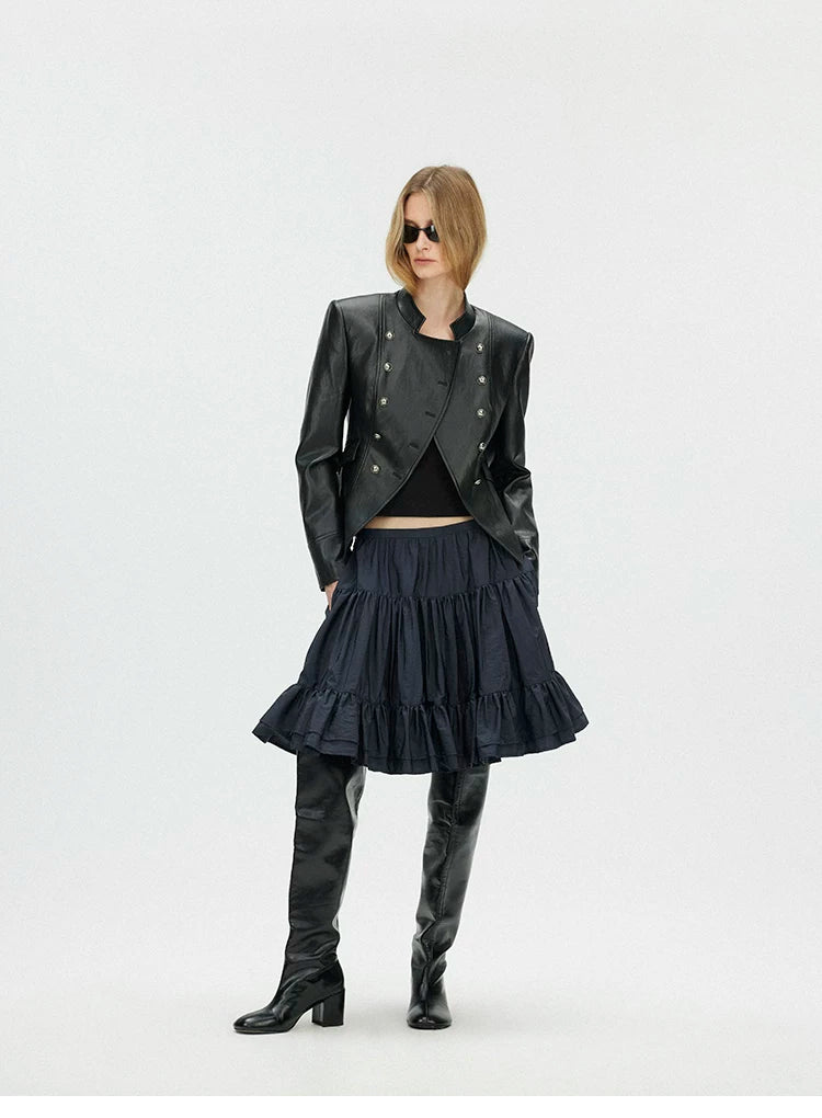 Napoleonic Metal Button Double-Breasted Structured Leather Jacket