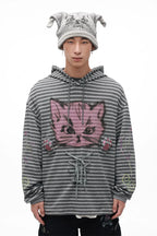 Grotesque Cat Paw Print Lace Trim Loose Striped Hooded Long Sleeve T-Shirt