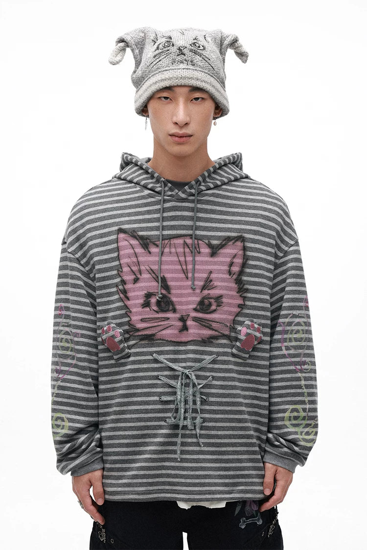 Grotesque Cat Paw Print Lace Trim Loose Striped Hooded Long Sleeve T-Shirt