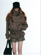 French Vintage Double-Breasted Cropped Trench Jacket