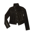 French-Inspired Vintage Flocked Twill Cropped Biker Jacket