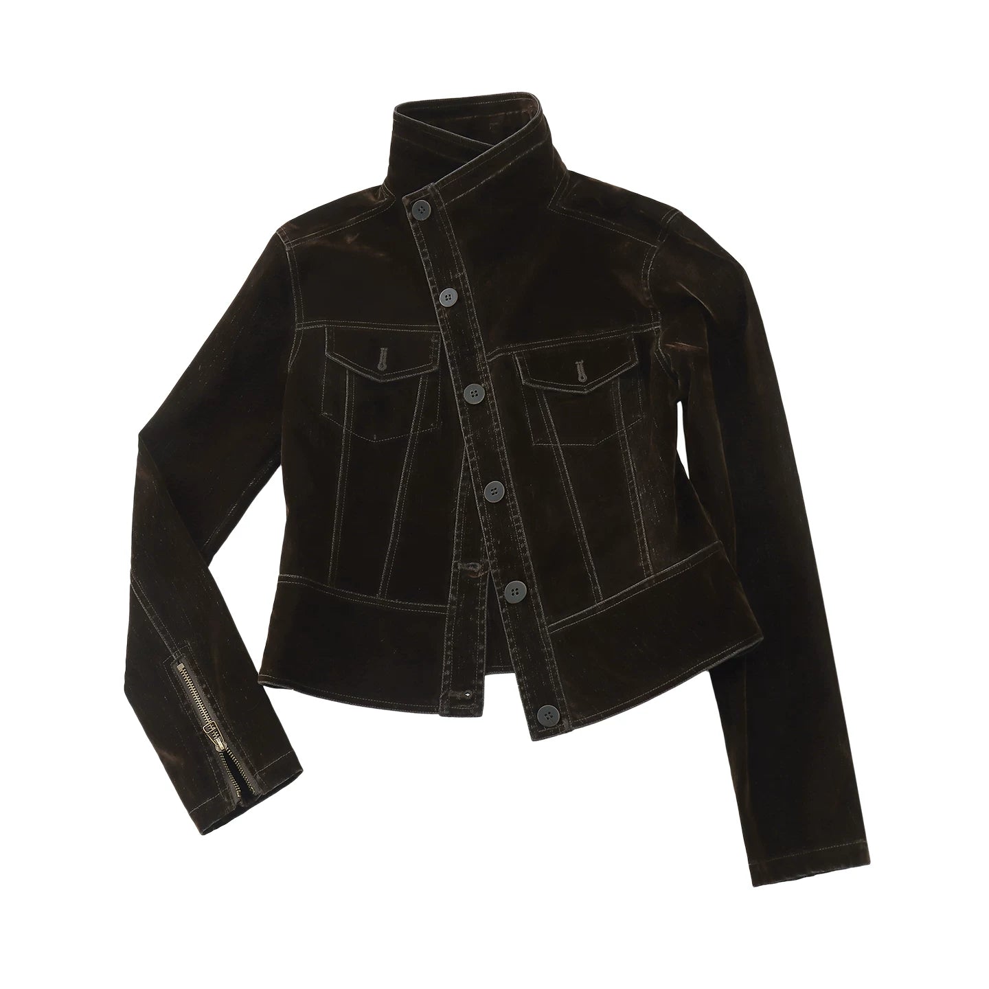 French-Inspired Vintage Flocked Twill Cropped Biker Jacket