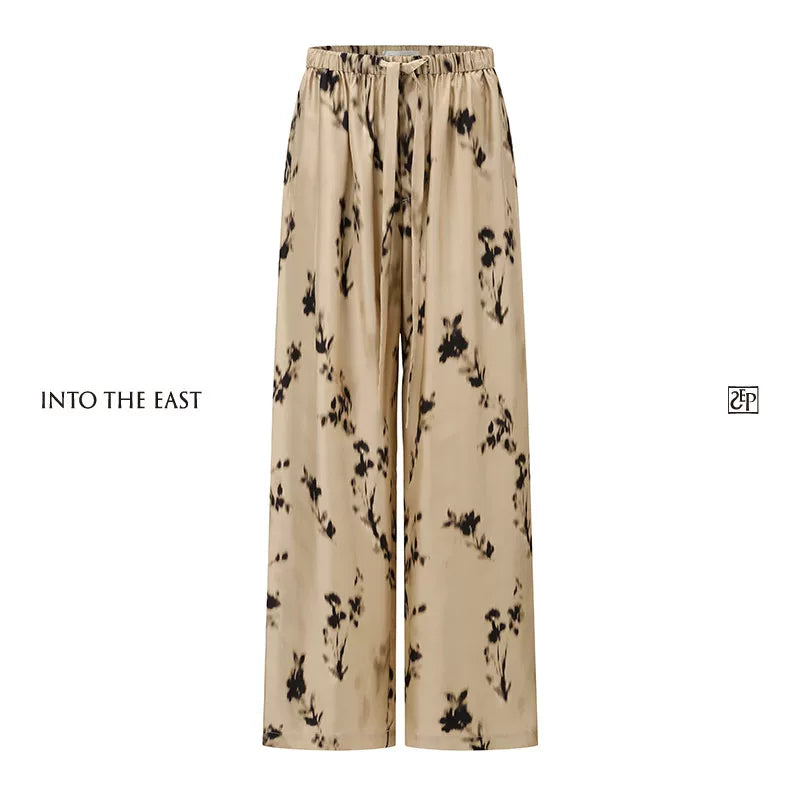 Mulberry Silk Floral Print Wide-Leg Pants