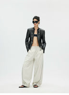 Napoleonic Metal Button Double-Breasted Structured Leather Jacket