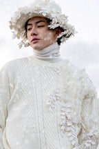 Vintage Asymmetric Chunky Knit Sweater with 3D Leaf Fringe