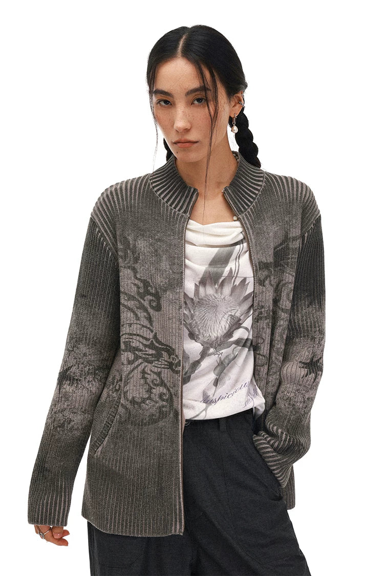 Chinese-Inspired Dragon Print Half-Zip Cardigan Sweater