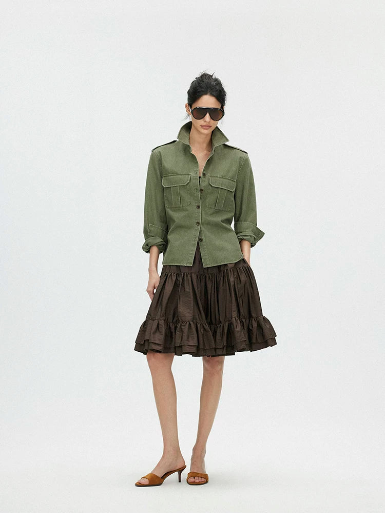 Layered Voluminous Taffeta Midi Skirt
